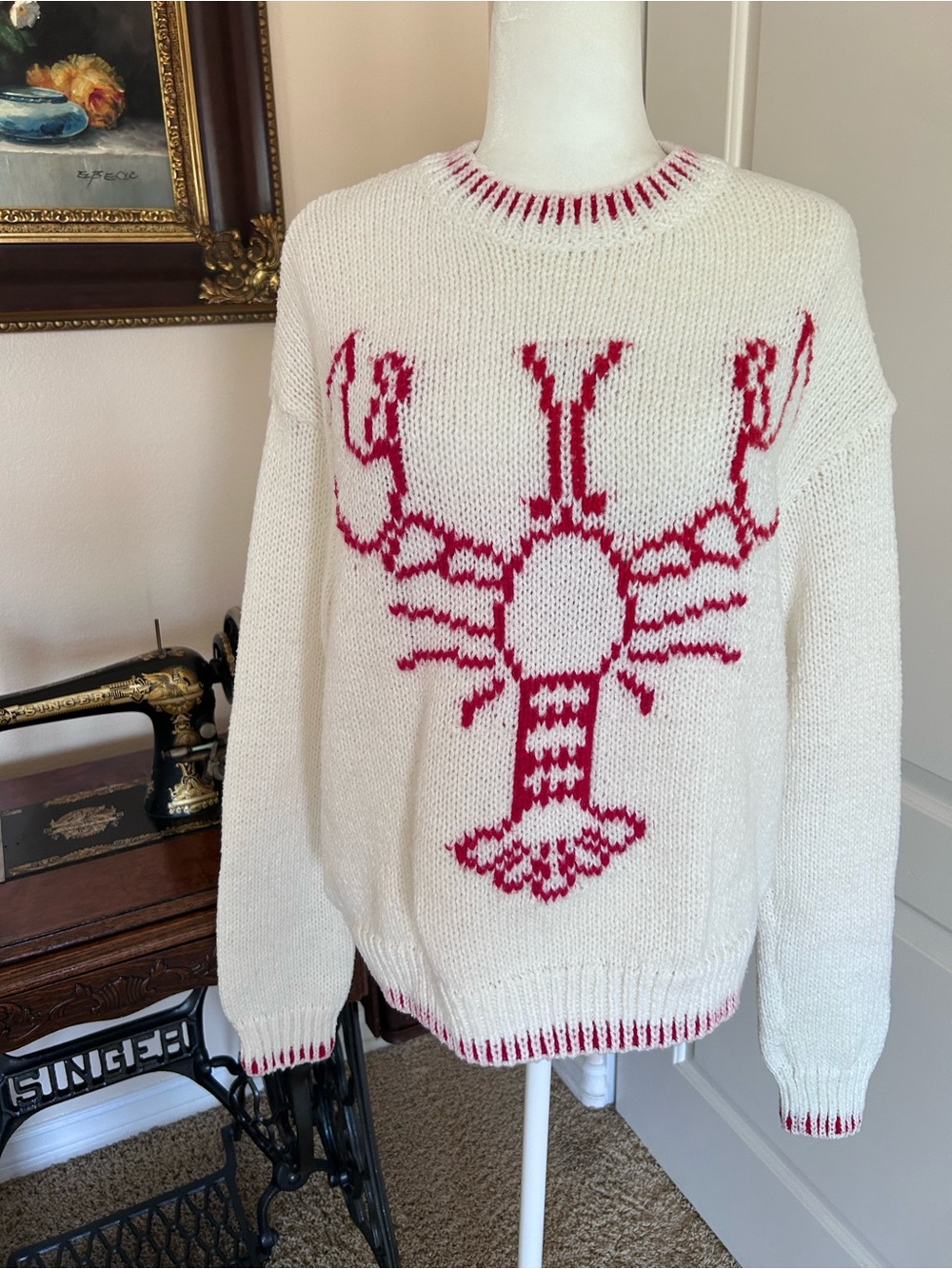 White & Red Lobster Knit Sweater